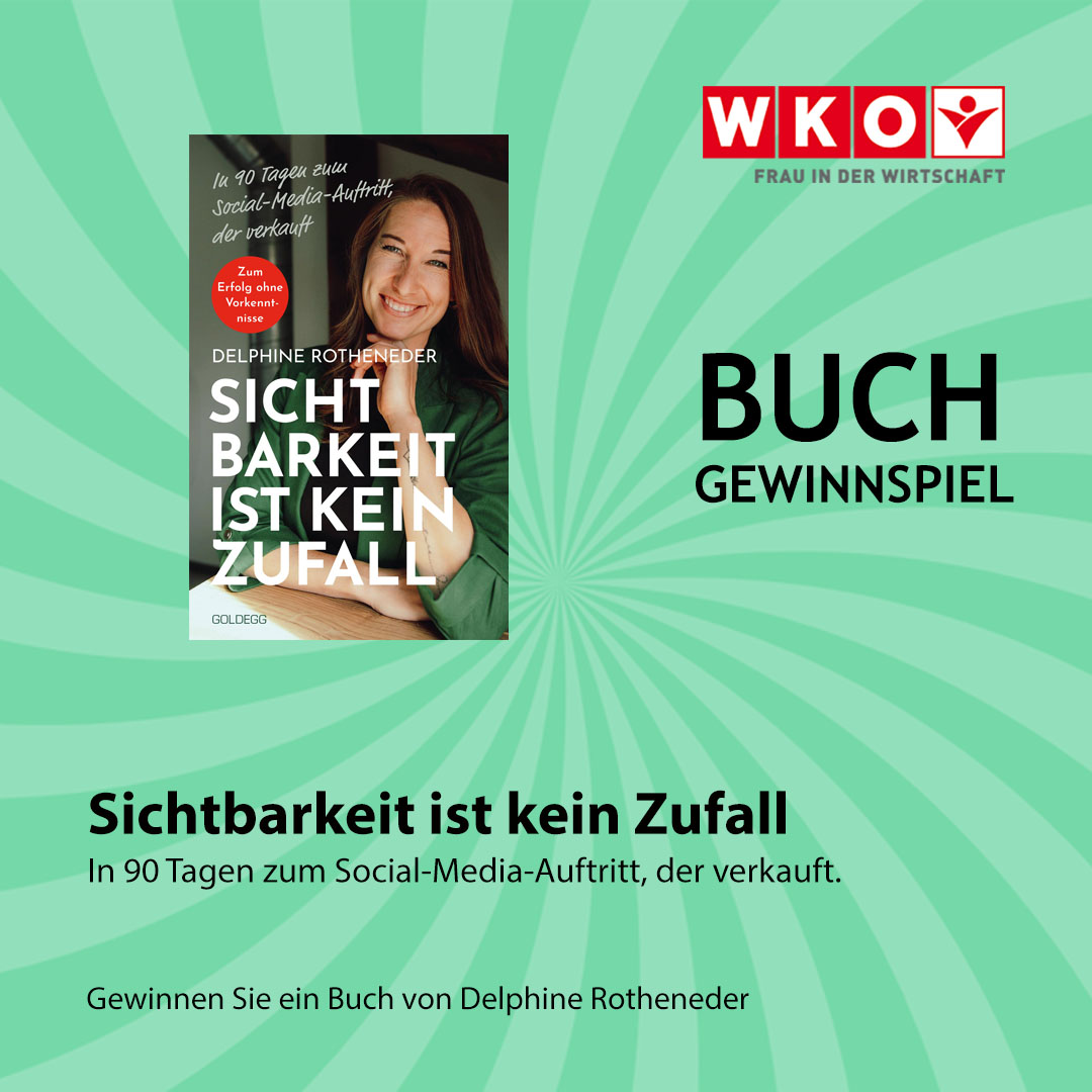 Grafik mit Buchcover, WKO-Logo und Text: &bdquo;Buch Gewinnspiel &ndash; Sichtbarkeit ist kein Zufall&ldquo;