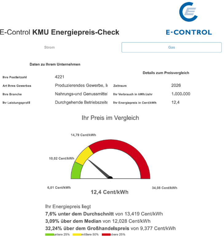 Screenshot zum KMU Energiepreis-Check