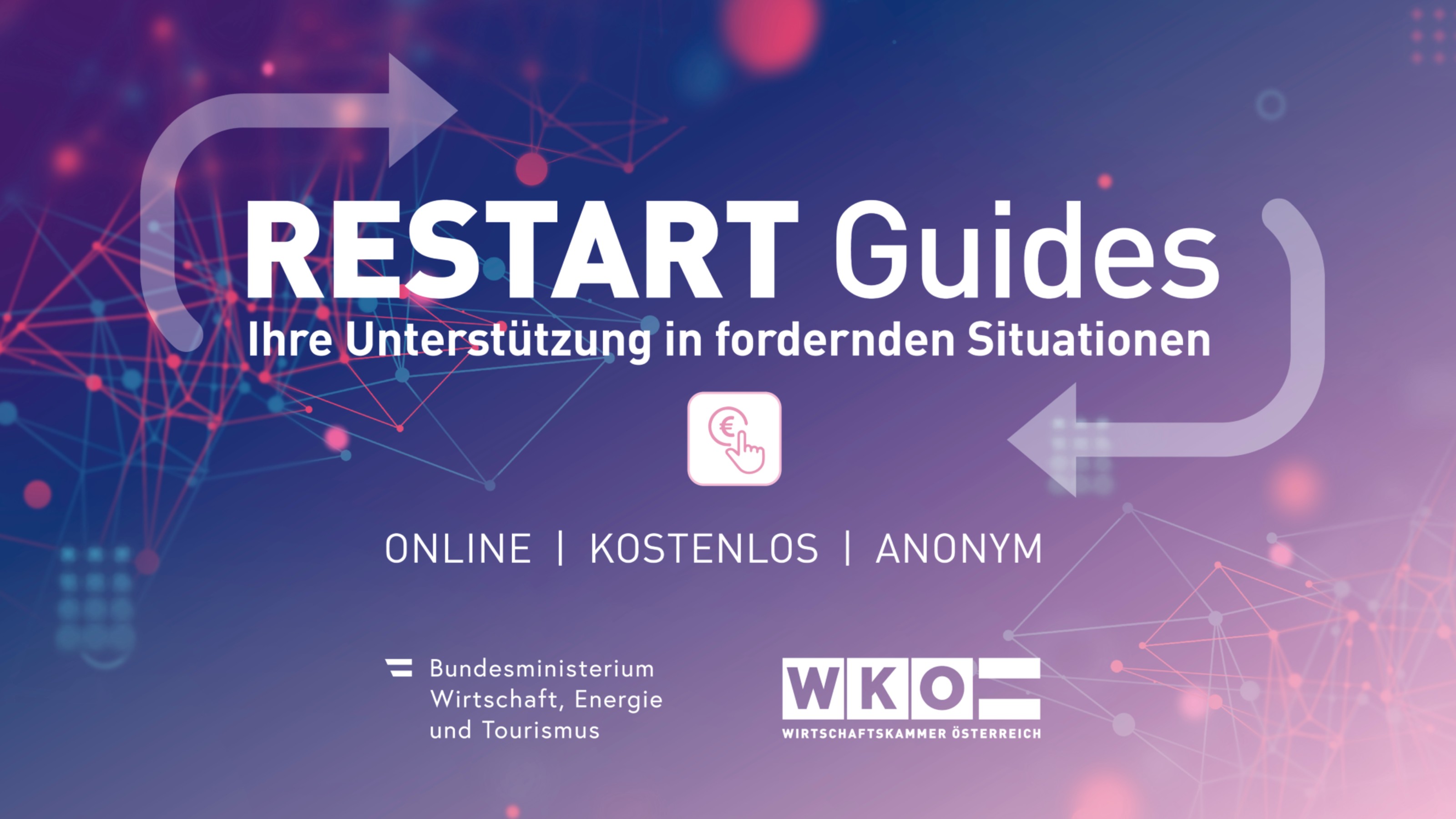 Banner der Restart Guides auf lila Hintergrund mit dem Slogan "Ihre Unterst&uuml;tzung in fordernden Situationen". Unterhalb befinden sich die Logos der Wirtschaftskammer &Ouml;sterreich und Bundesministerium Wirtschaft, Energie und Tourismus