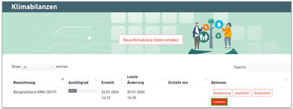 Screenshot des Bereichs Klimabilanzen am Klimaportal mit Illustration zum Thema Nachhaltigkeit: Zwei Personen stehen auf Kugel mit Pfeilen neben Baum mit Symbolen zu Umwelt, auf gr&uuml;nem Hintergrund mit wei&szlig;en Quadraten und Linien