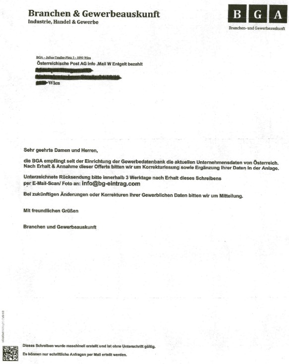 Muster des Betrugsbriefes. Ausf&uuml;hrliche Informationen befinden sich oberhalb