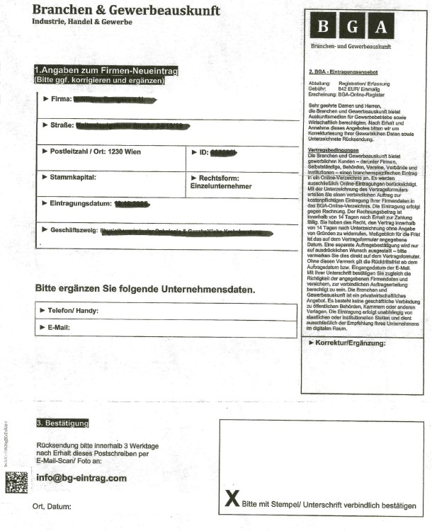 Muster des Betrugsbriefes. Ausf&uuml;hrliche Informationen befinden sich oberhalb