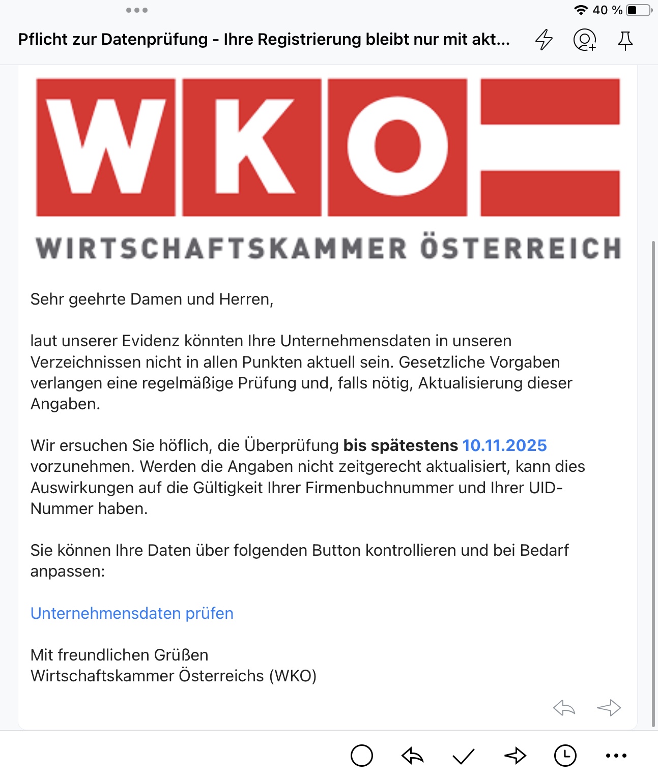 Screenshot der Betrugs-Mail