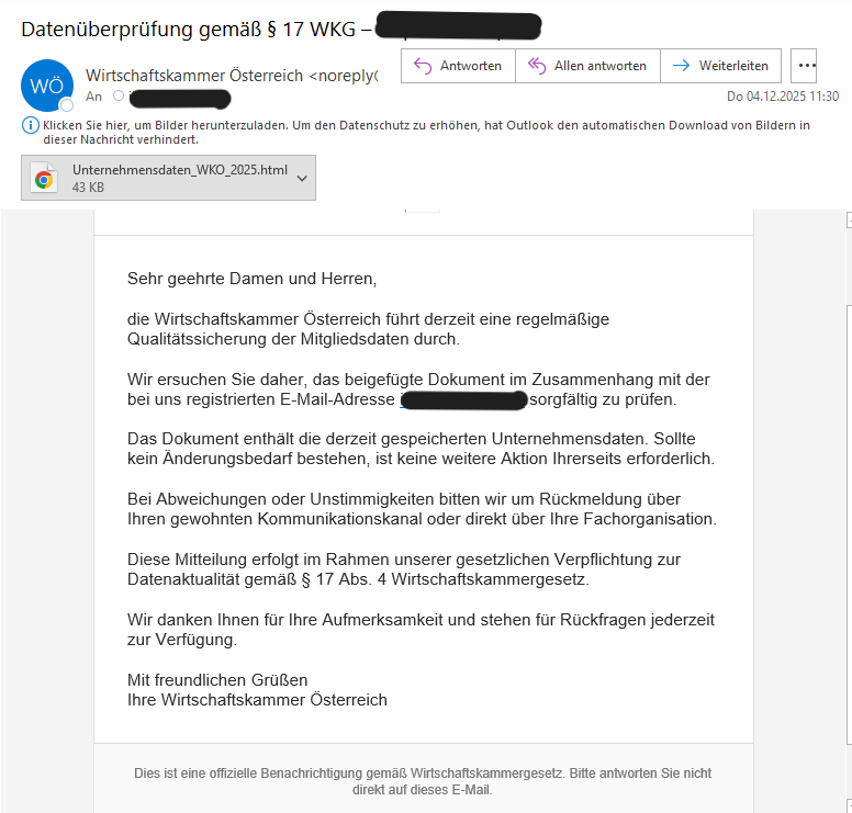 Muster der Phishing Mail. Informationen befinden sich oberhalb