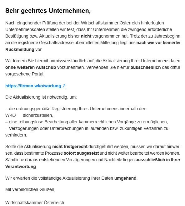 Muster der Phishing-Mail, Infos sind oberhalb aufgelistet