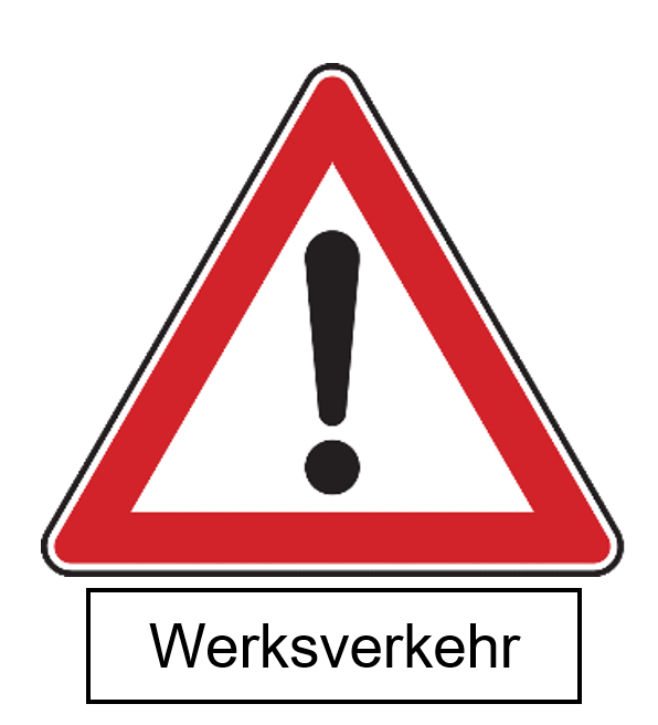 Illustration eines Verkehrsschildes in Dreieckform mit roter Umrandung mit schwarzem zentral gesetzten Rufzeichen auf wei&szlig;em Hintergrund, darunter Schriftzug Werksverkehr