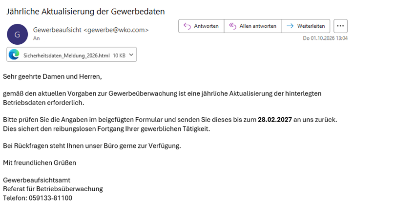 Muster der Phishingmeldung. Die Beschreibung befindet sich im Text oberhalb