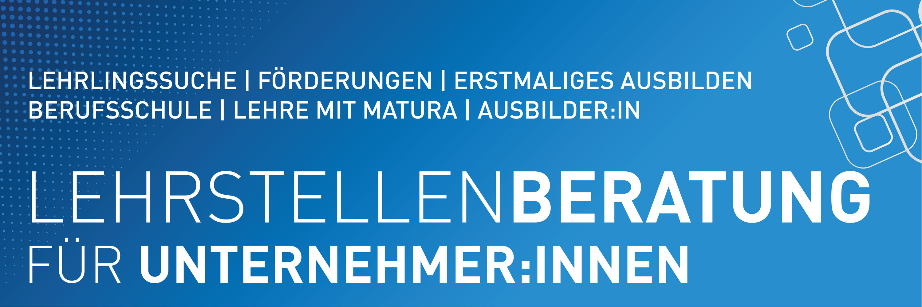 Banner: Lerstellenberatung für Unternehmer:innen: Lerhrlingssuche, Förderungen, erstmaliges Ausbilden, Berufsschule, Lehre mit Matura, Ausbilder:in