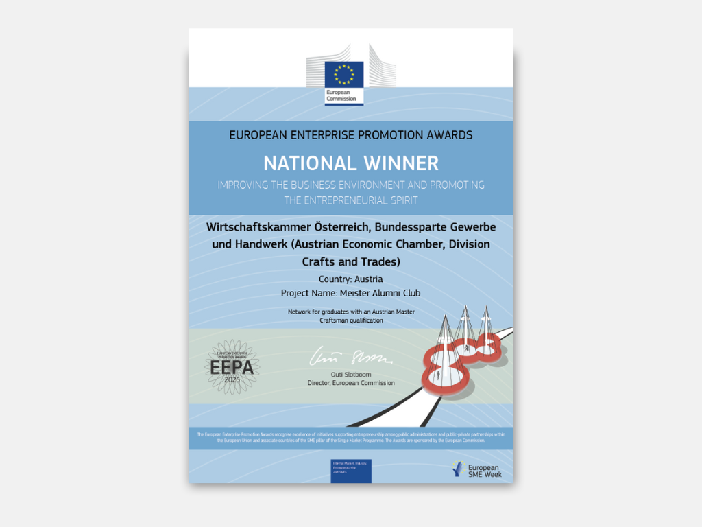 Nominierungsurkunde zum European Enterprise Promotion Award für den Meister Alumni Club der Bundessparte Gewerbe und Handwerk