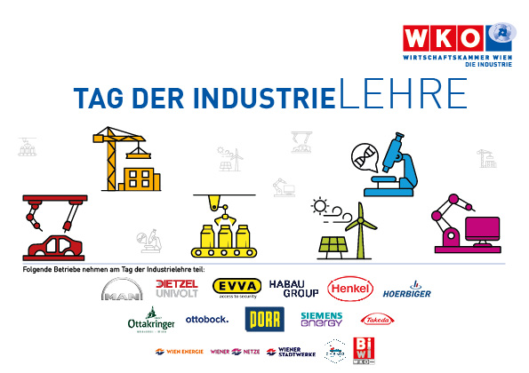 Einladung-Cover Tag der Industrielehre mit Logos der Partner und industriebezogenen Grafiken