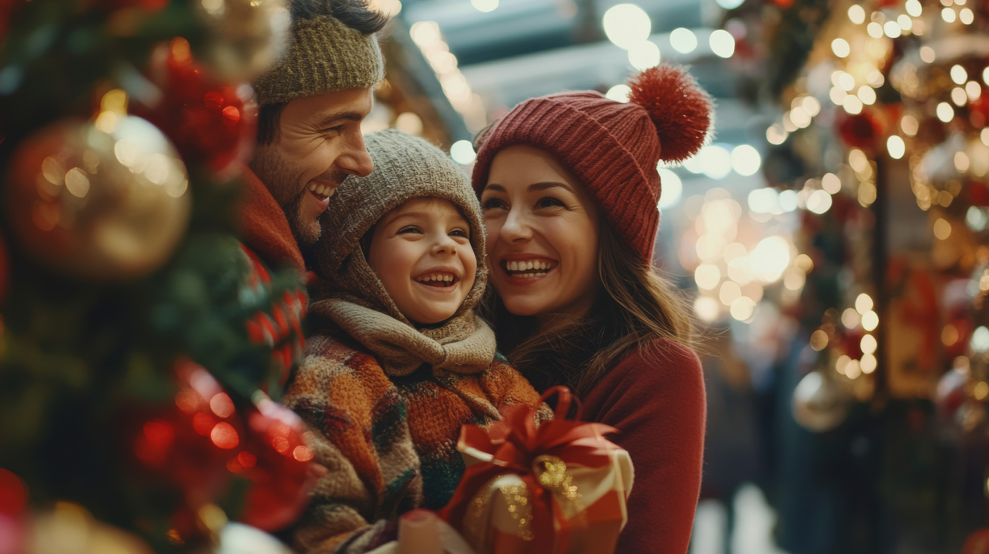 Eine kleine Familie die im Weihnachtsmarkt herumspaziert 