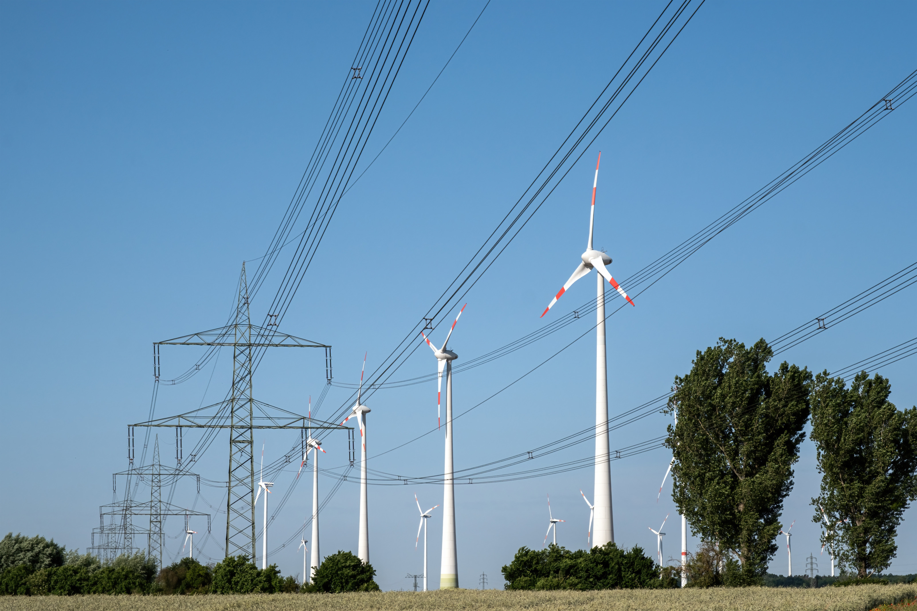 Strommasten verbunden mit Leitungen neben Windr&auml;dern unter blauem Himmel.
