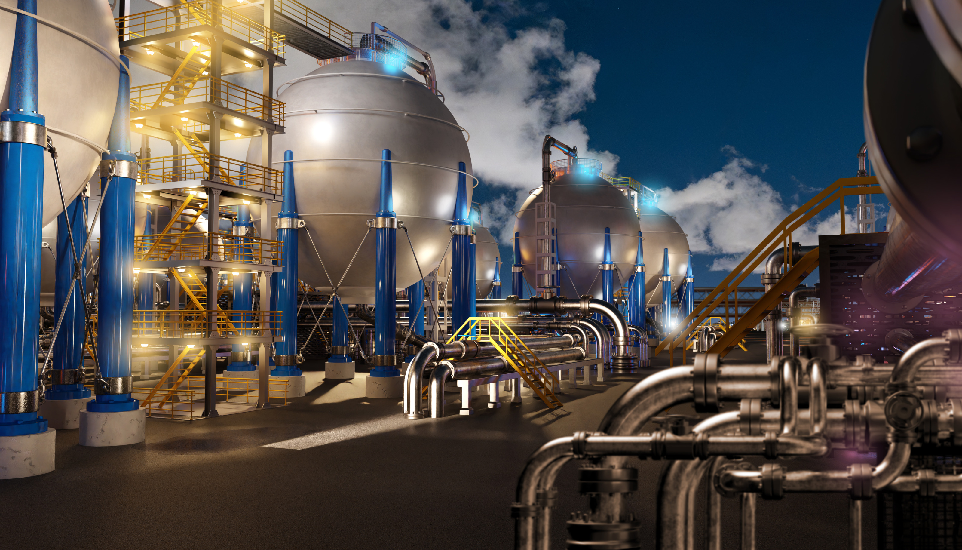 Eine Raffinerie mit Speichertanks und Leitungen k&uuml;nstlich beleuchtet am Abend.