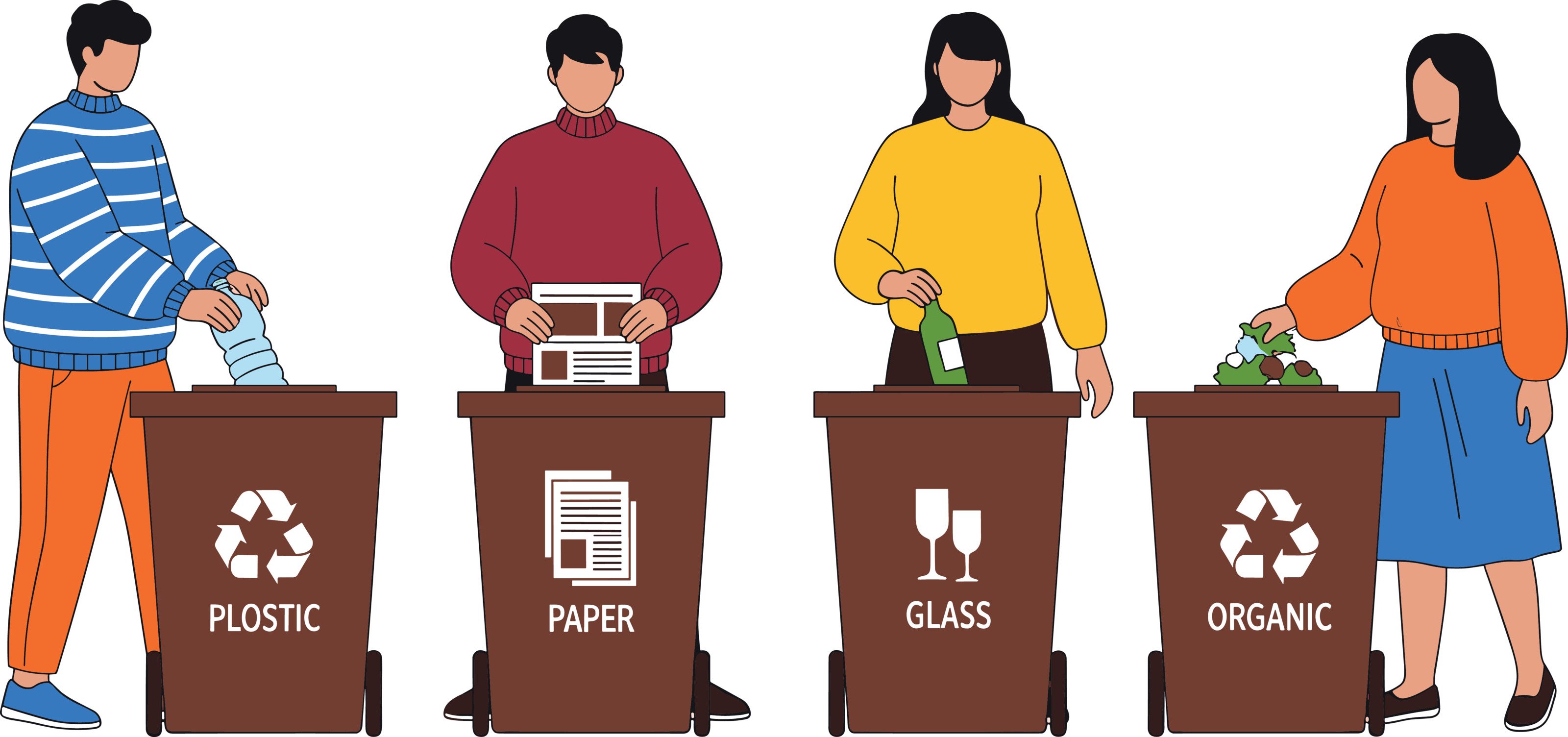 Illustration mehrerer nebeneinander stehender Personen, die vor sich verschiedenen M&uuml;lltonnen haben, in die sie unterschiedliche Abf&auml;lle werfen.