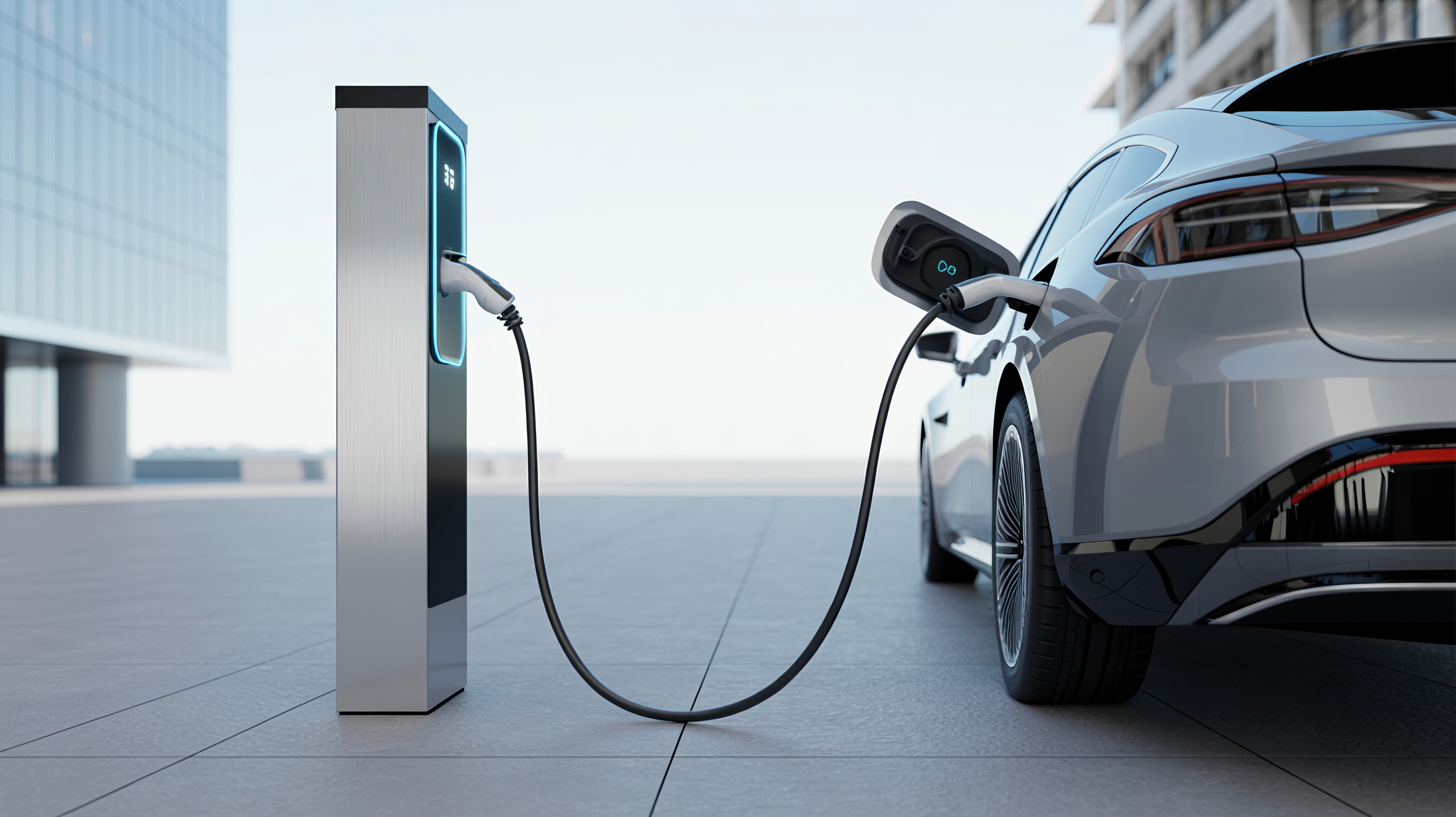 Ein Elektroauto in R&uuml;ckenansicht an einer Stroms&auml;ule Energie tankend.
