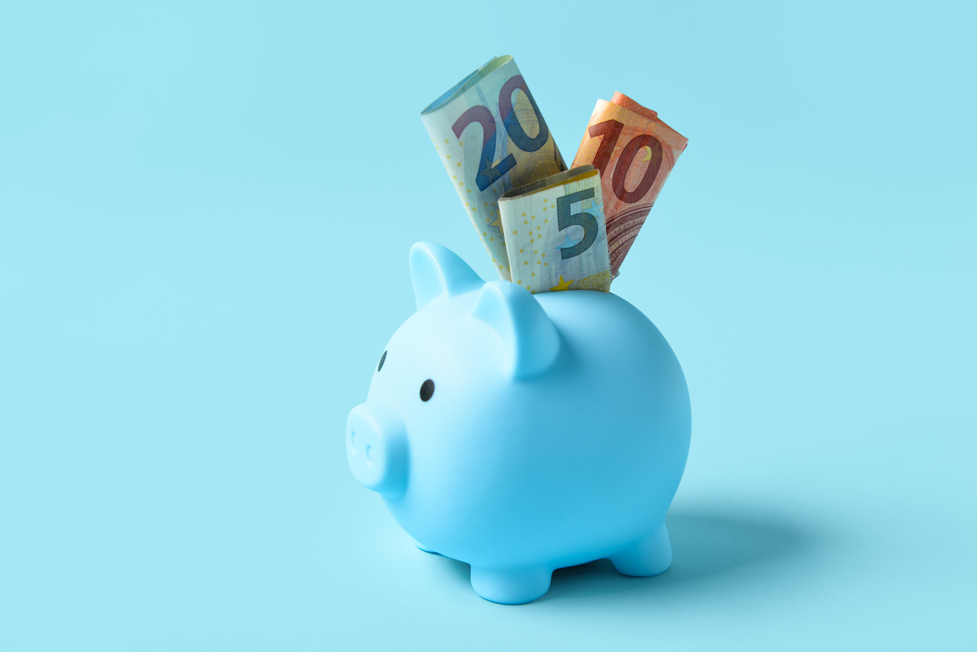 Ein blaues Sparschwein in Seitenansicht, im Schlitz stecken Eurobanknoten.