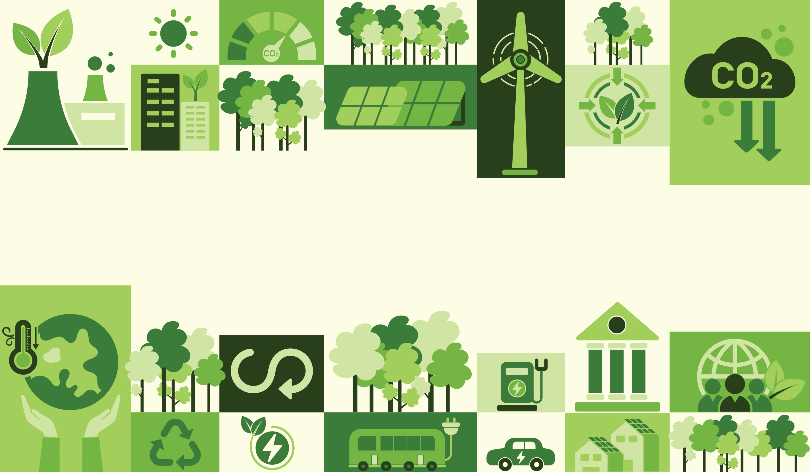Illustration von Symbolen wie zum Beispiel B&auml;ume, Windr&auml;der, Fahrzeuge mit Stromkabeln in unterschiedlichen Gr&uuml;nt&ouml;nen zum Thema CO2-Reduktion