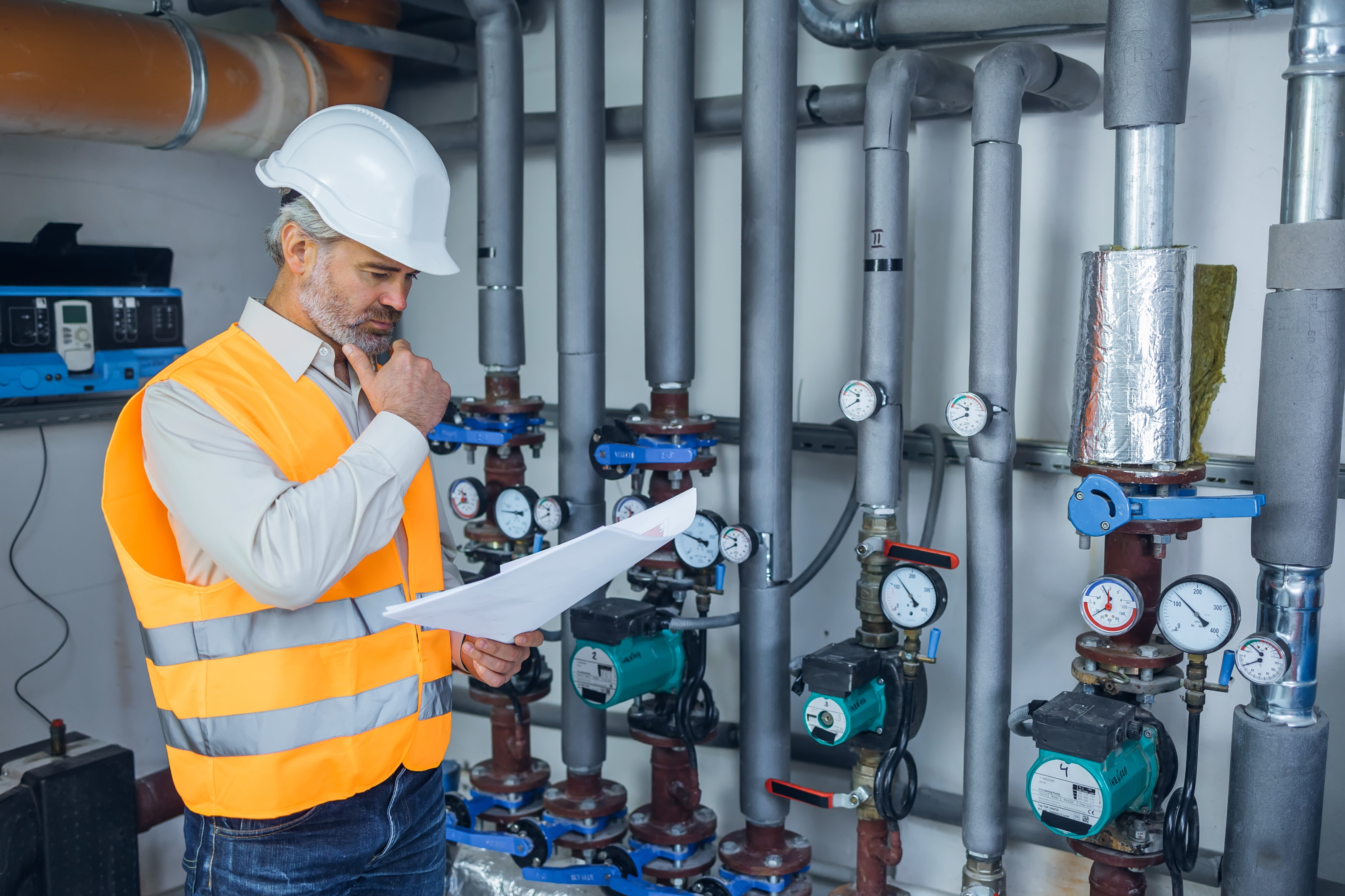 Bärtige Person in oranger Schutzweste mit weißem Helm steht vor Anlage mit Verrohrungen und Druckmessern und blickt auf Dokument in Händen