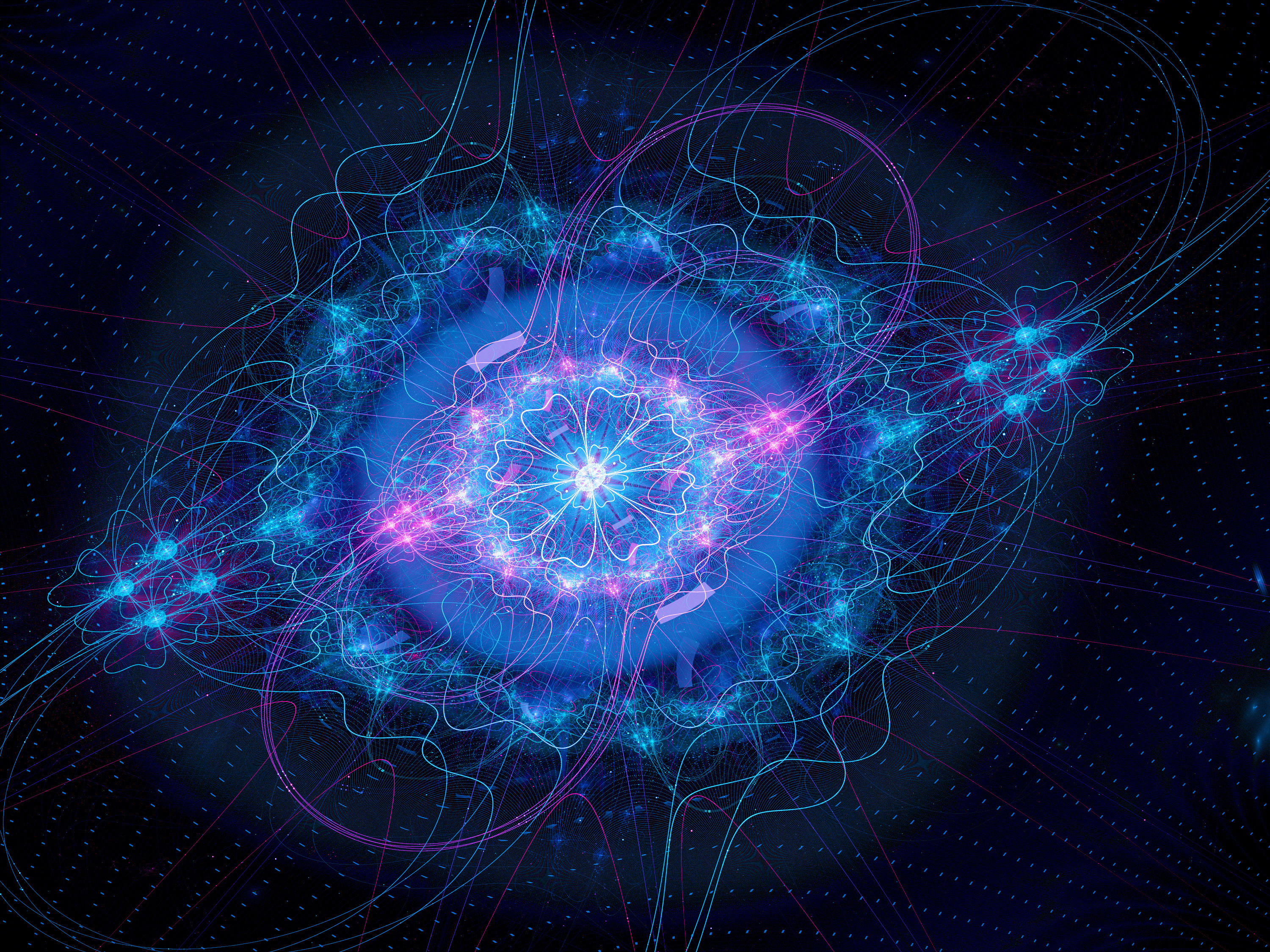 3D-Illustration des Higgs-Bosons: Blauviolett leuchtenden kreisf&ouml;rmige, gewellte und strichlierte Linien sich ins Zentrum verdichtend auf dunklem Hintergrund