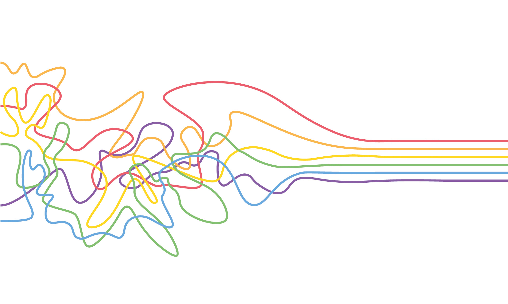 Vektor-Illustration eines wei&szlig;en Hintergrunds. Auf diesem sind insgesamt sechs bunte Linien in der Mitte. Diese sind in der linken H&auml;lfte ein Chaos aus welligen Strichen und werden im Verlauf zu geraden Linien