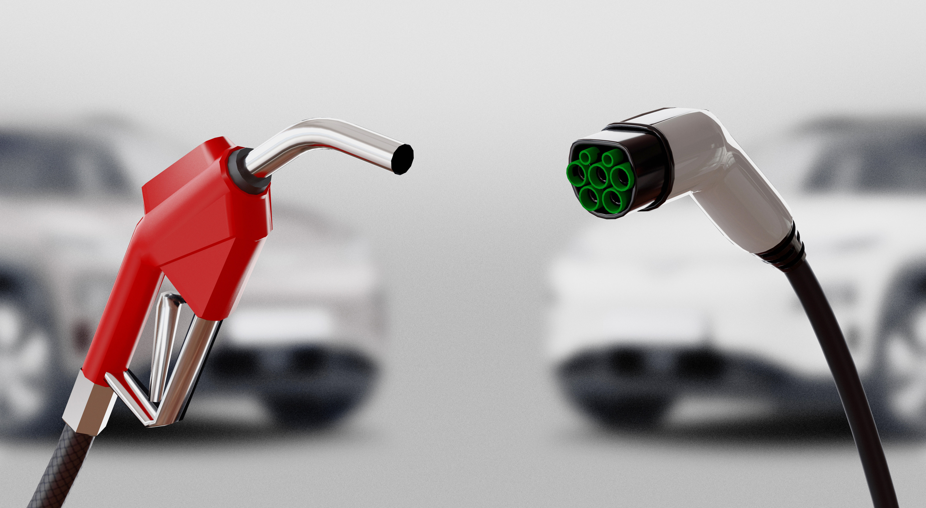 In der linken Bildh&auml;lfte ist ein Zapfhahn f&uuml;r Fl&uuml;ssigtankstoff. In der rechten Bildh&auml;lfte ist ein Kabel, an dem ein Stecker mit vielen kleinen, gr&uuml;nen Kreisen ist. Hinter den beiden steht jeweils ein Auto.