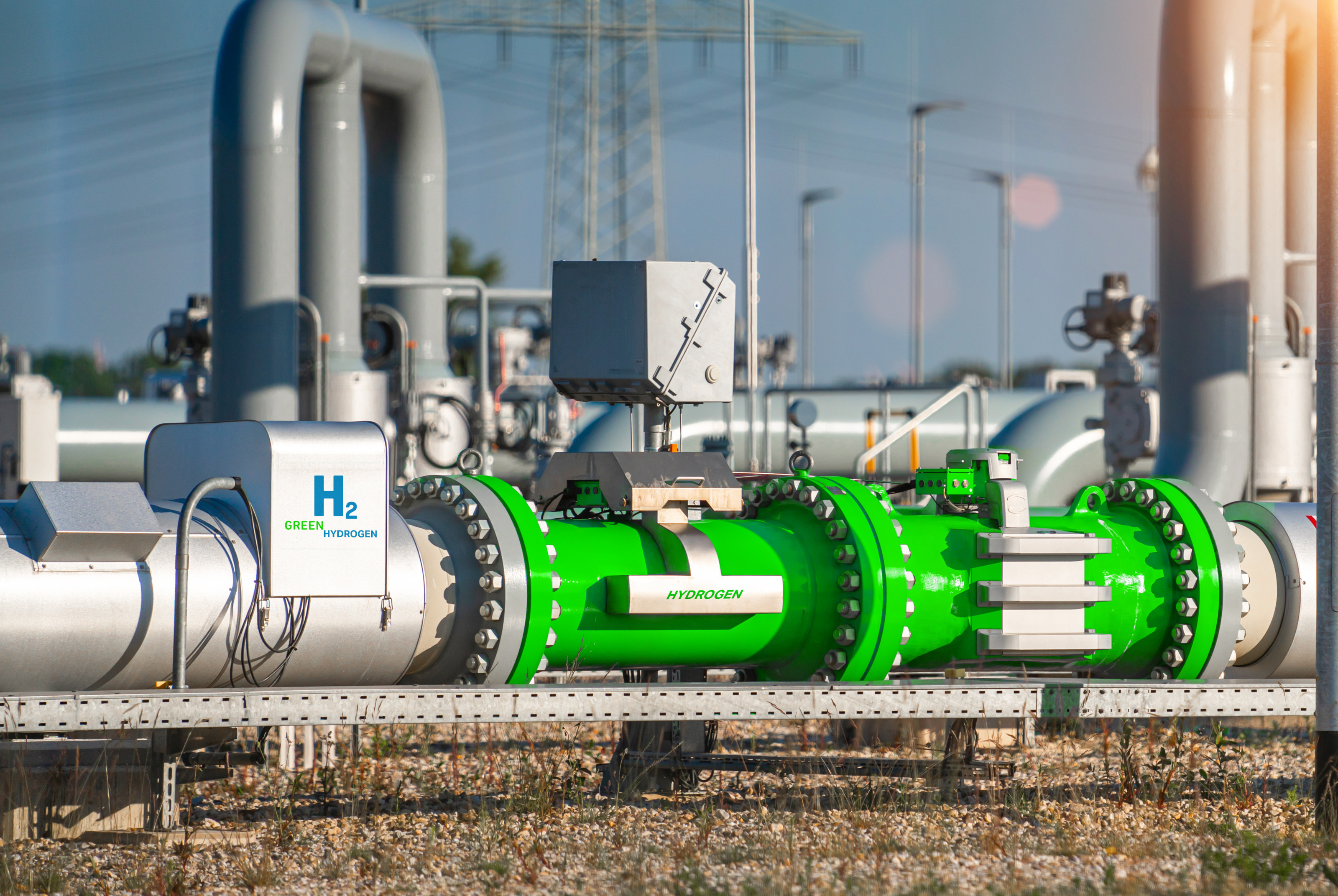 Pipielines in grau und gr&uuml;n mit der Beschriftung H2 green Hydrogen
