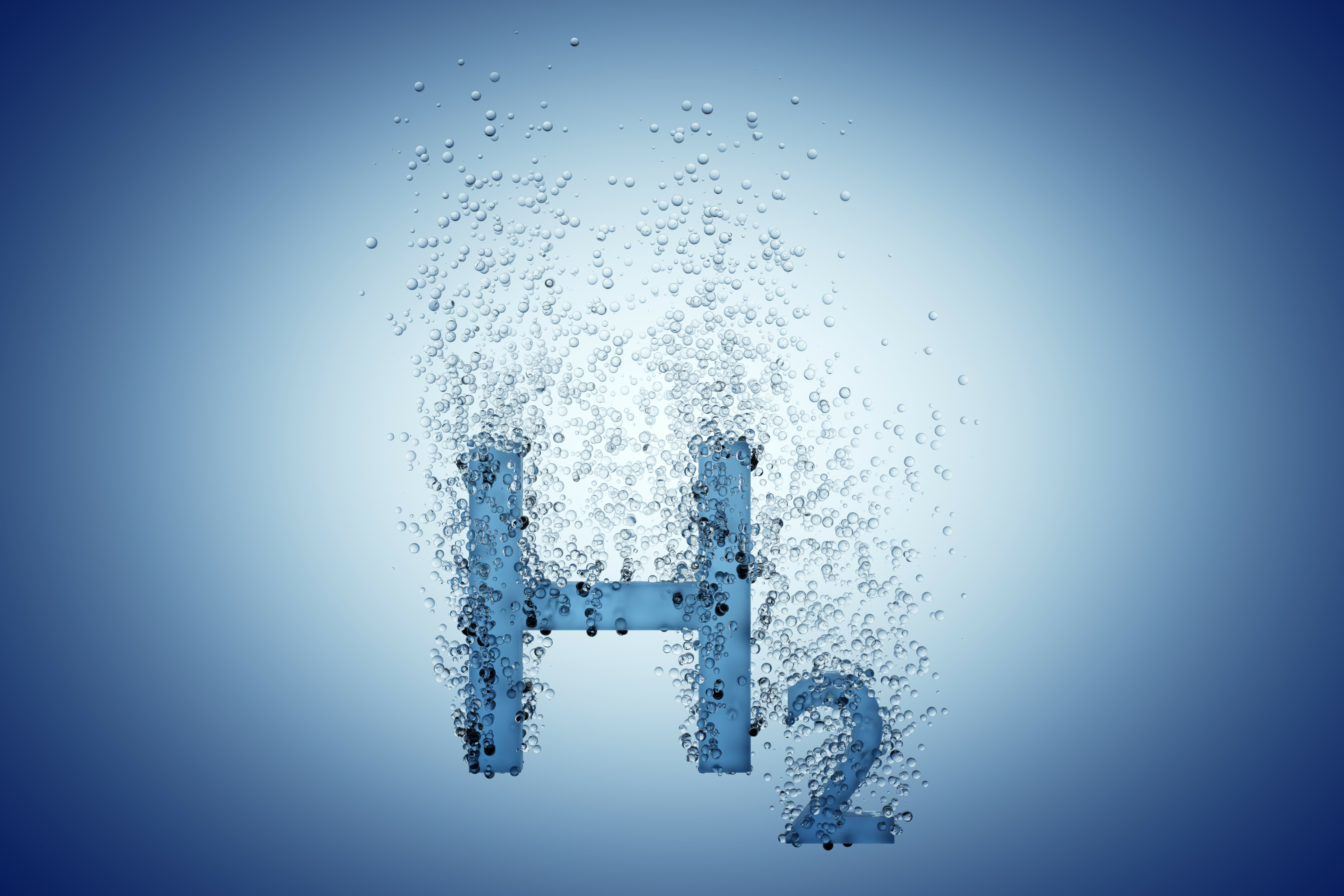 Buchstabe und Zahl H2 in blau auf blauem Hintergrund mit Luftblasen
