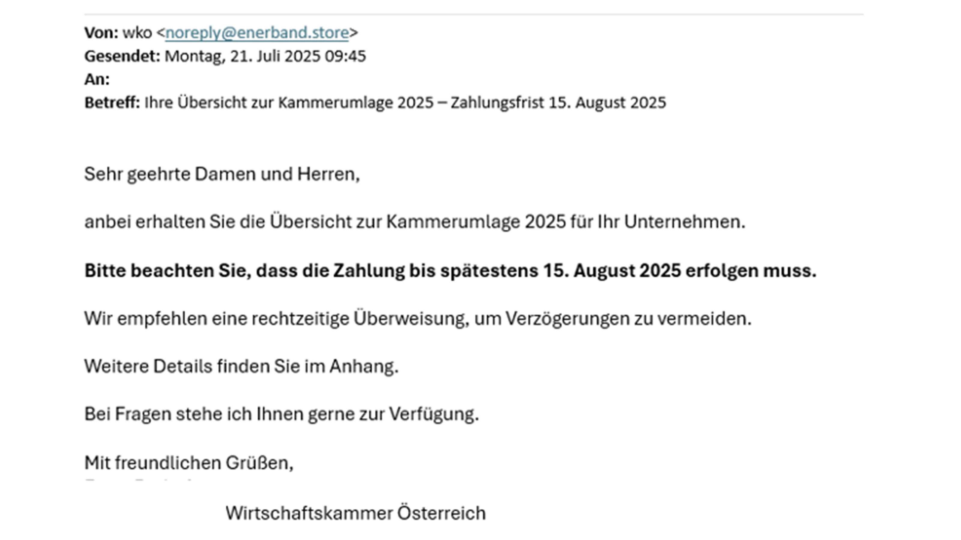 Screenshot einer Phishing-E-Mail vom Absender WKO noreply@enerband.store, in der betr&uuml;gerisch die Aufforderung der Zahlung der Kammerumlage 2025 gemacht wird