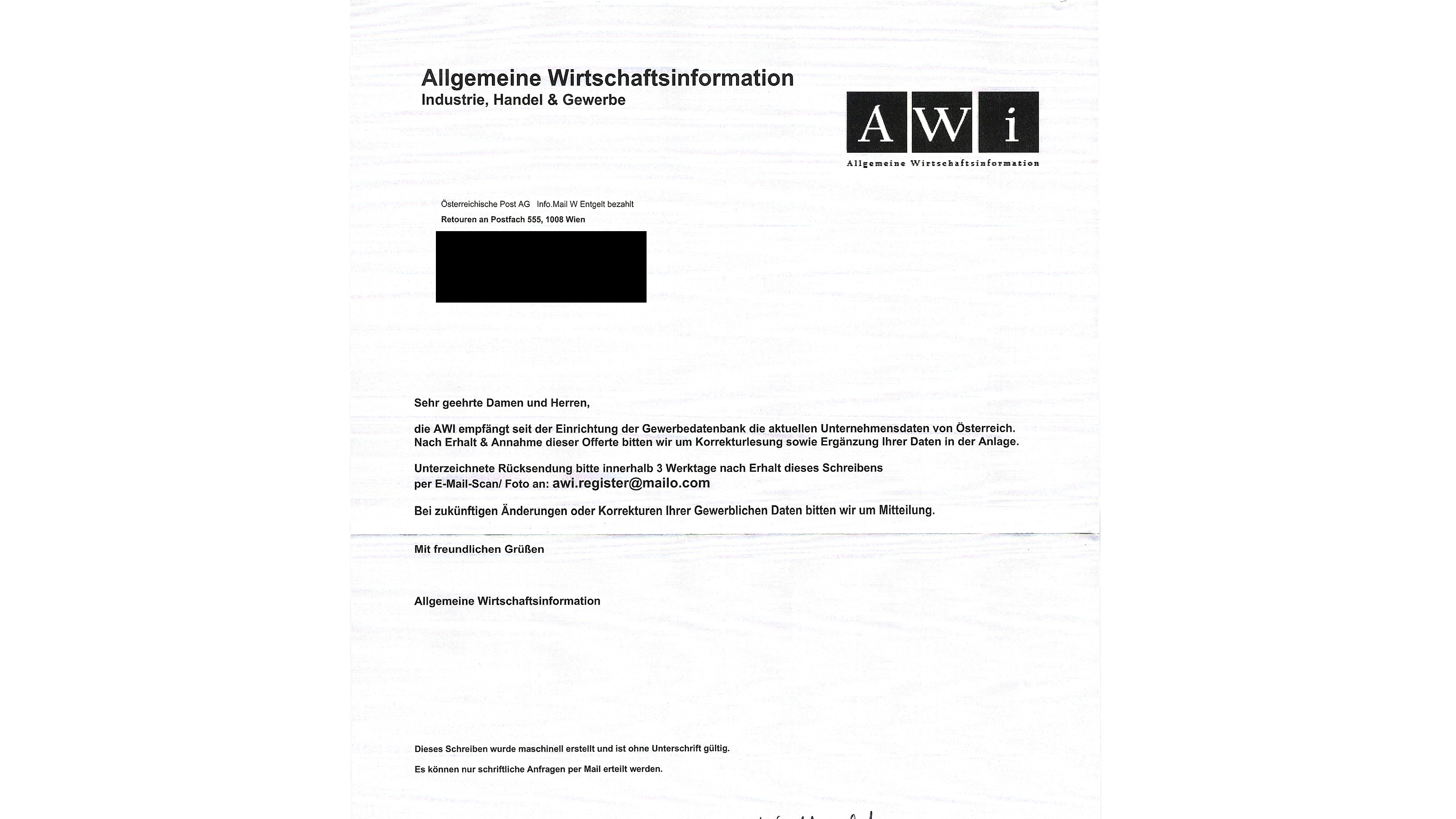 Beispiel eines betr&uuml;gerischen Schreibens der AWI zur Eintragung von Firmendaten 