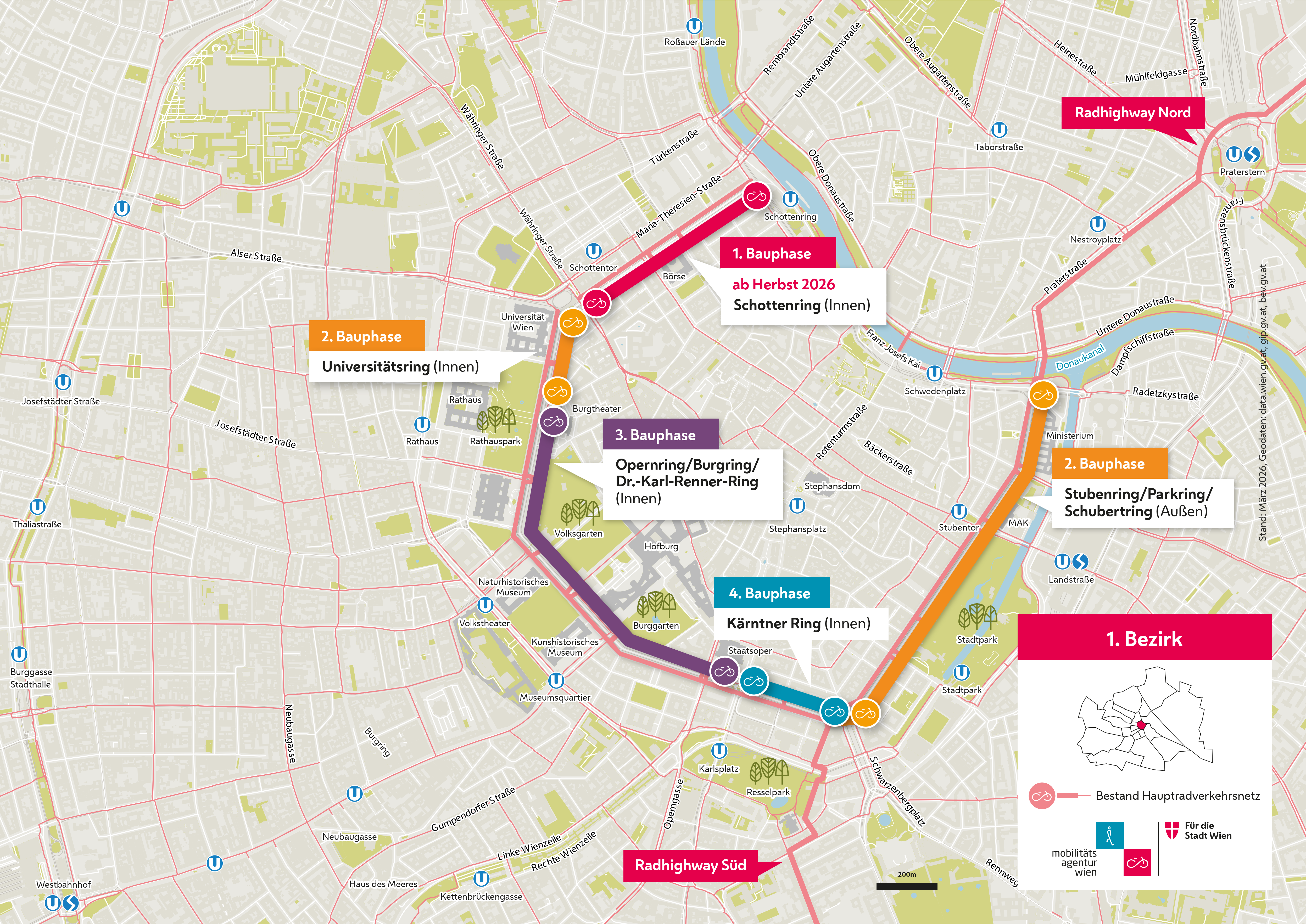 Grafischer Bauphasenplan des geplanten Ringradwegs in Wien