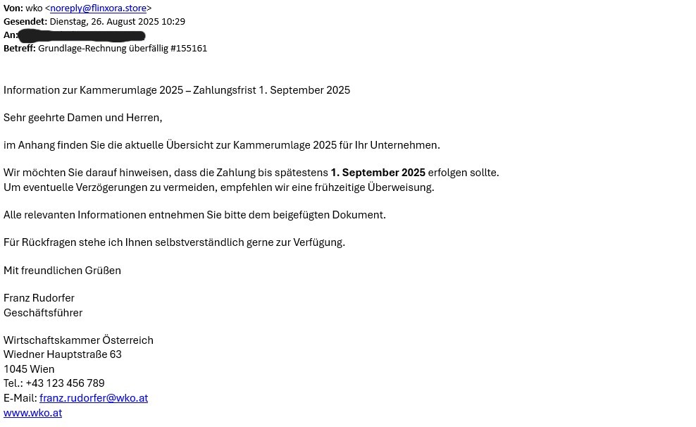 Screenshot der Warnmeldung. Informationen sind davor aufgelistet